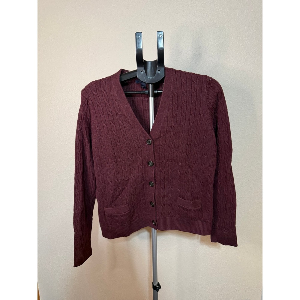 Lands End Womens Large 14-16 Burgundy Cable Knit Cotton Wool Cardigan Sweater
